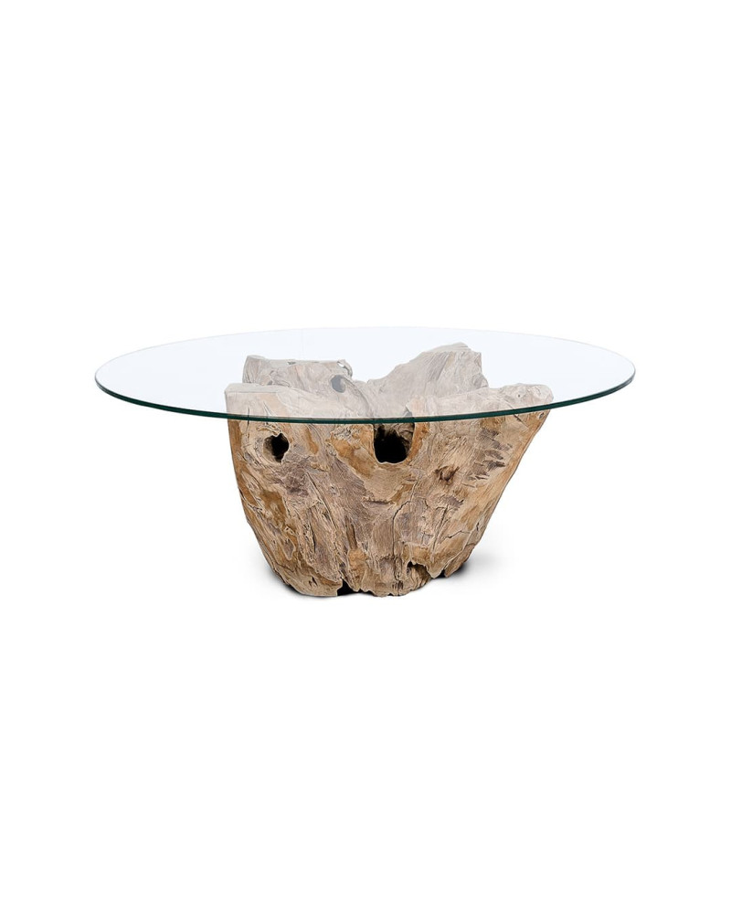 Coffe table in teak root and glass Ø 90 cm