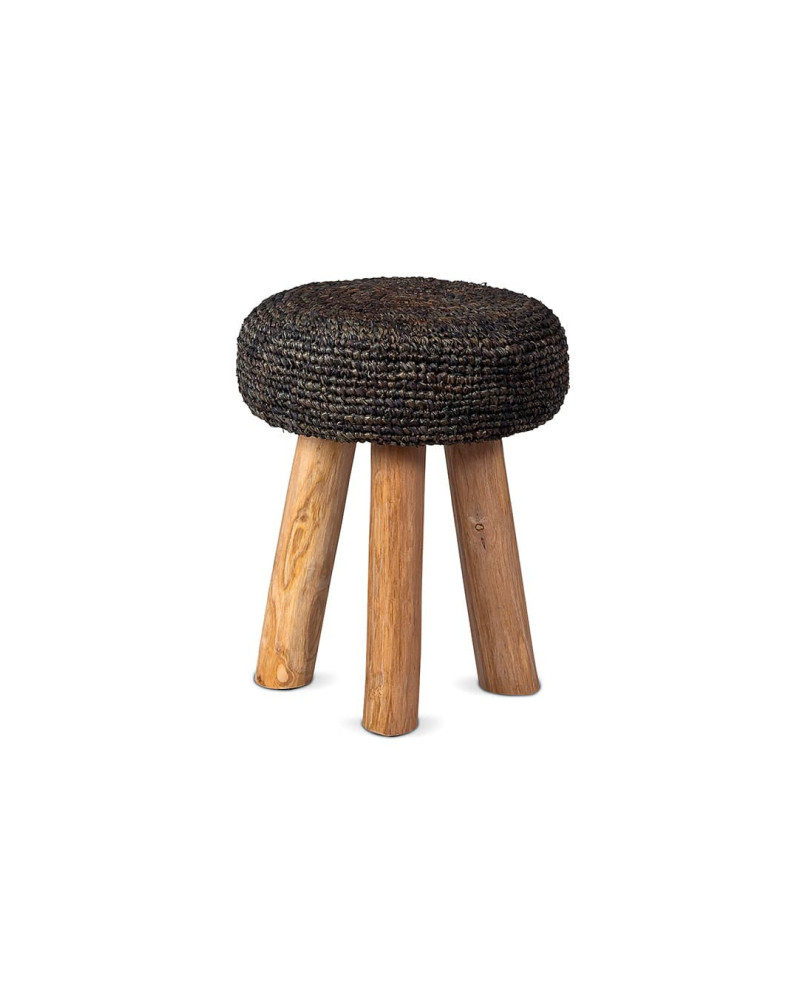 Stool in untreated solid reclaimed teak and seagrass Ø35 cm