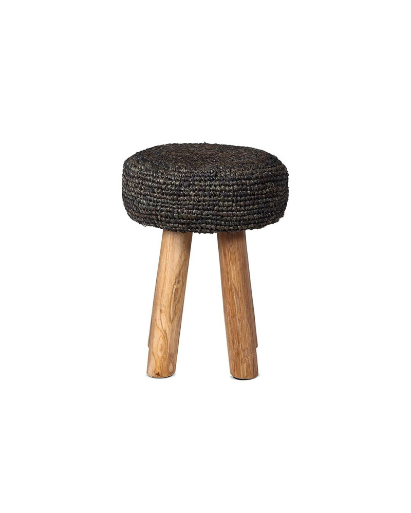 Tabouret en teck de récupération massif non traité et jonc de mer Ø35 cm