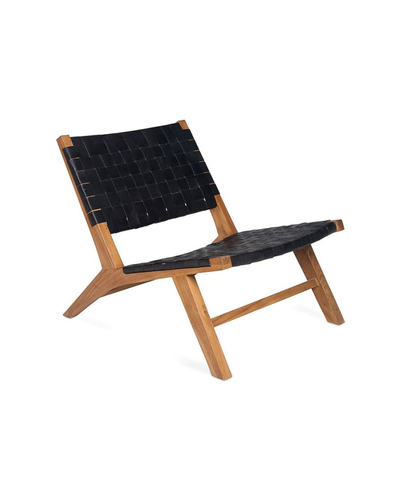 Fauteuil lounge en cuir et teck de récupération massif non traité 64 x 80 cm