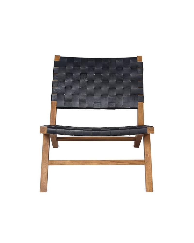 Lounge chair in leather and untreated solid reclaimed teak 64 x 80 cm