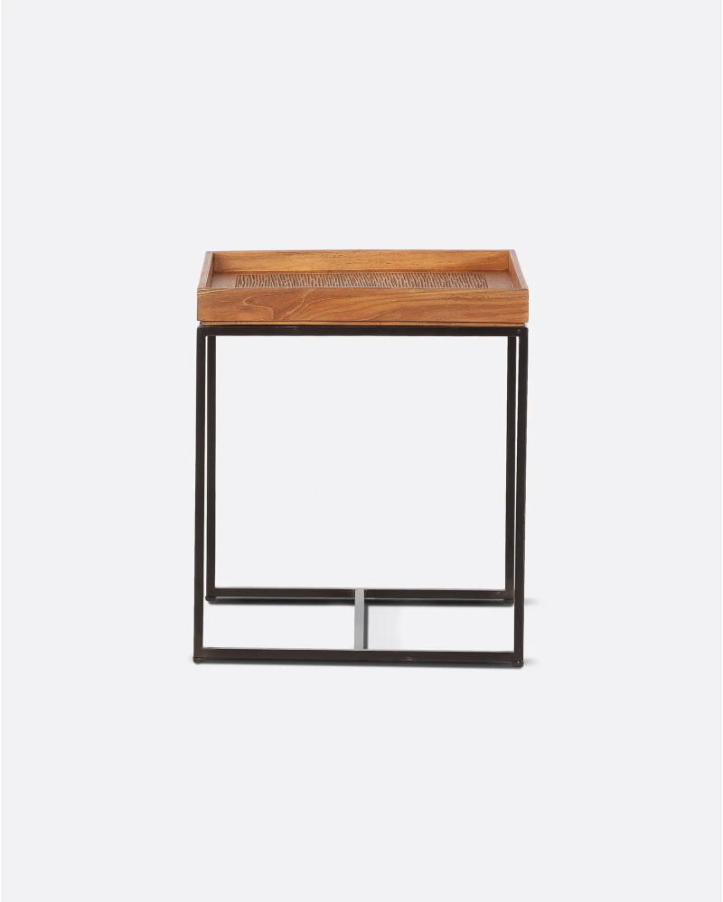 BANJAR side table in recycled teak wood and iron 40 x 40 x 45 cm in natural colour