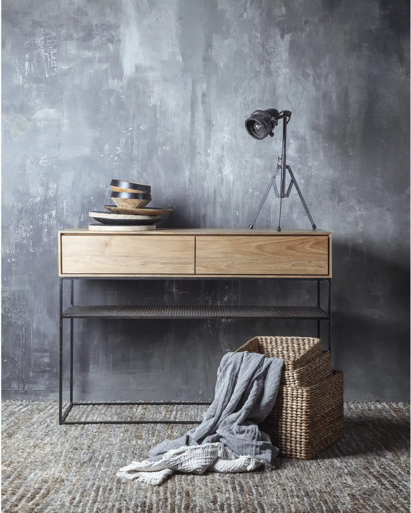 ONETWO console with drawers in recycled teak and iron 120 x 40 x 85 cm