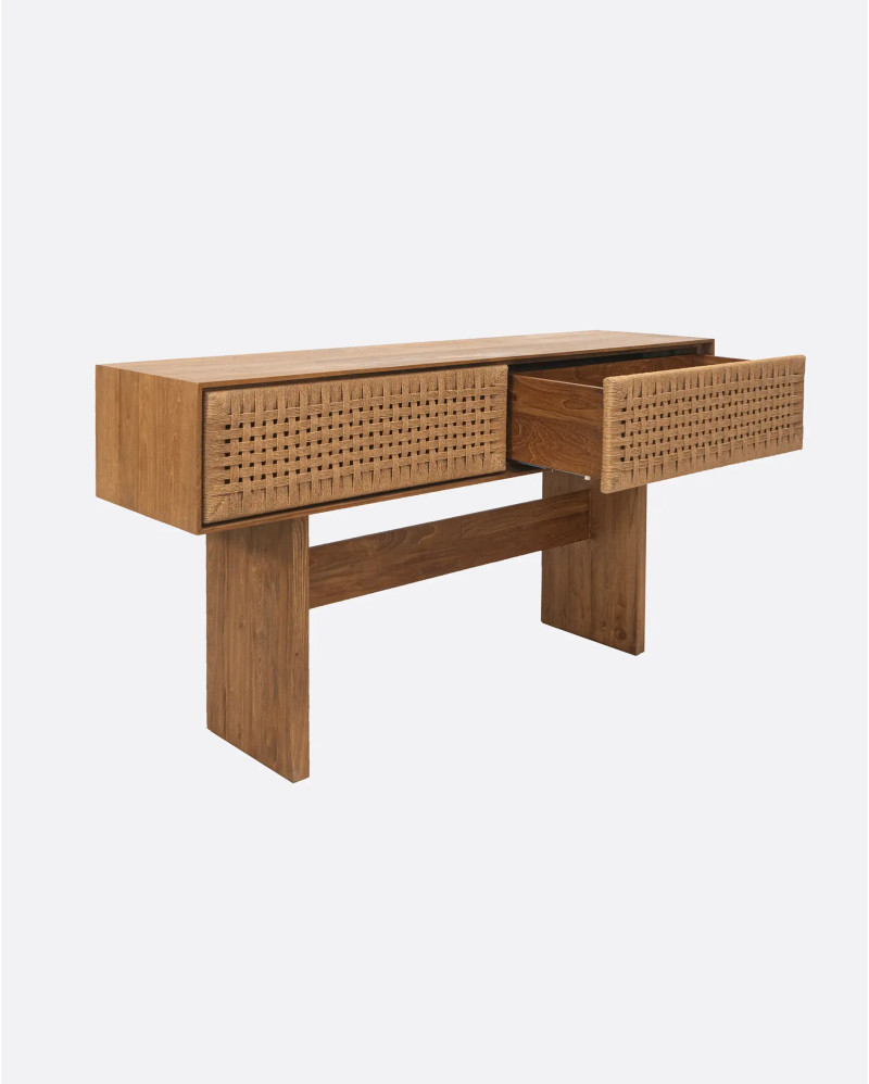 CORA console table in recycled teak and paper cord 160 x 40 x 80 cm