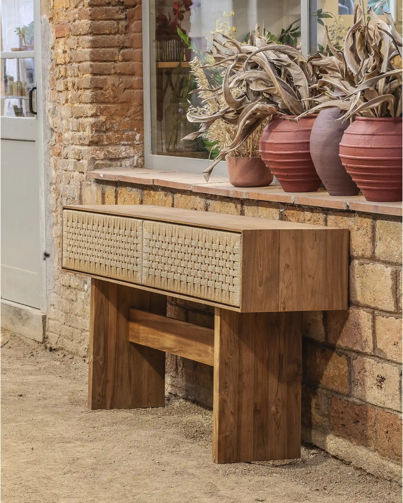 CORA console table in recycled teak and paper cord 160 x 40 x 80 cm