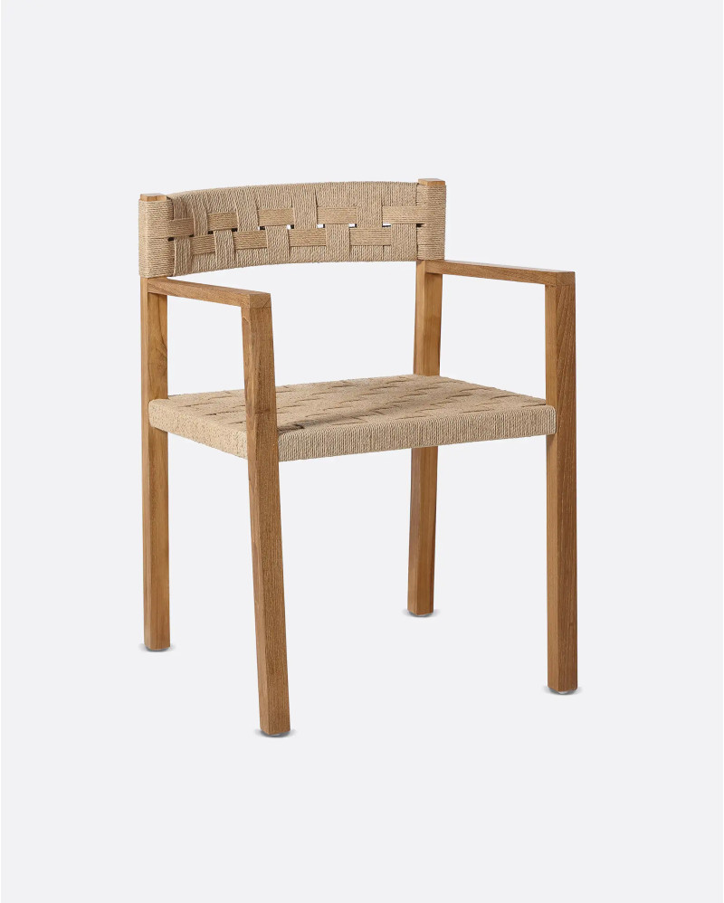 Silla con reposabrazos CORA de madera de teca y cuerda de papel 52 x 56 x 77 cm en color natural