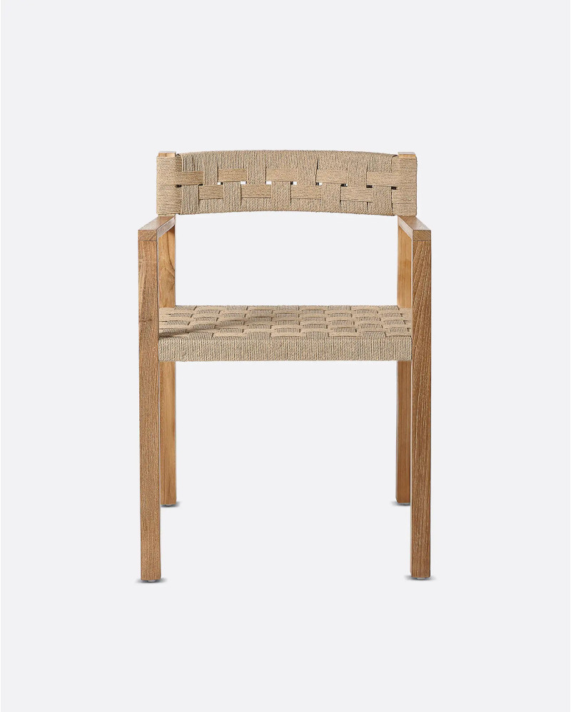 Silla con reposabrazos CORA de madera de teca y cuerda de papel 52 x 56 x 77 cm en color natural