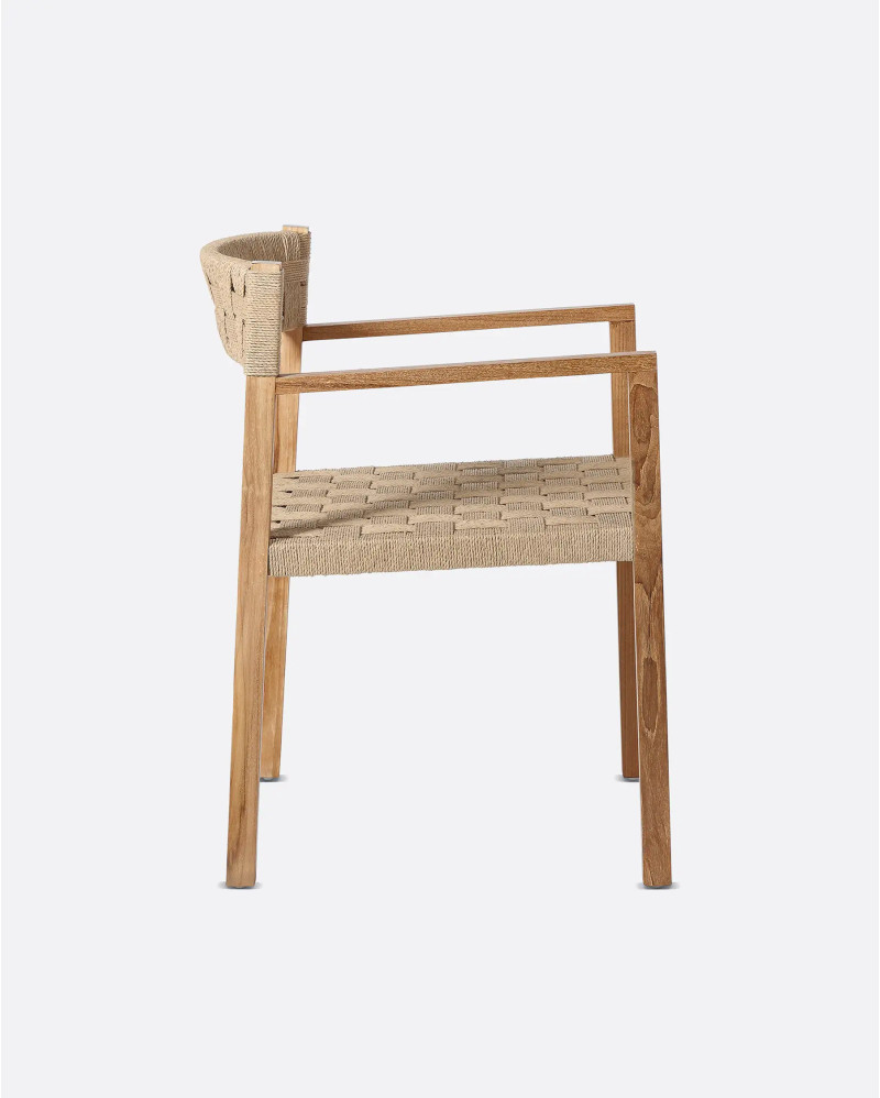 Chaise avec accoudoirs CORA en bois de teck et corde de papier 52 x 56 x 77 cm en couleur naturelle