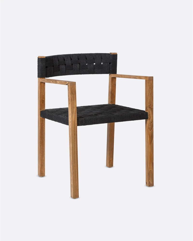 CORA armchair with armrests in teak wood and paper cord 52 x 56 x 77 cm in natural and black colour