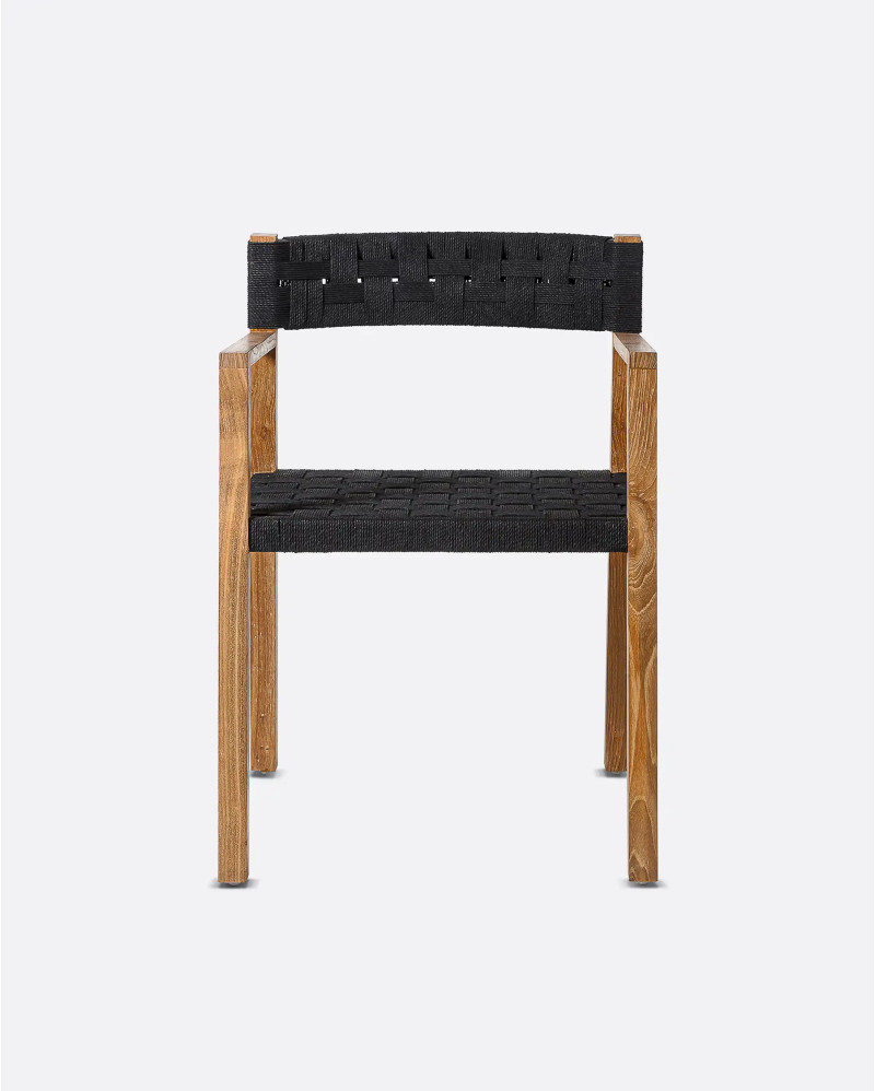 Silla con reposabrazos CORA de madera de teca y cuerda de papel 52 x 56 x 77 cm en color natural y negro