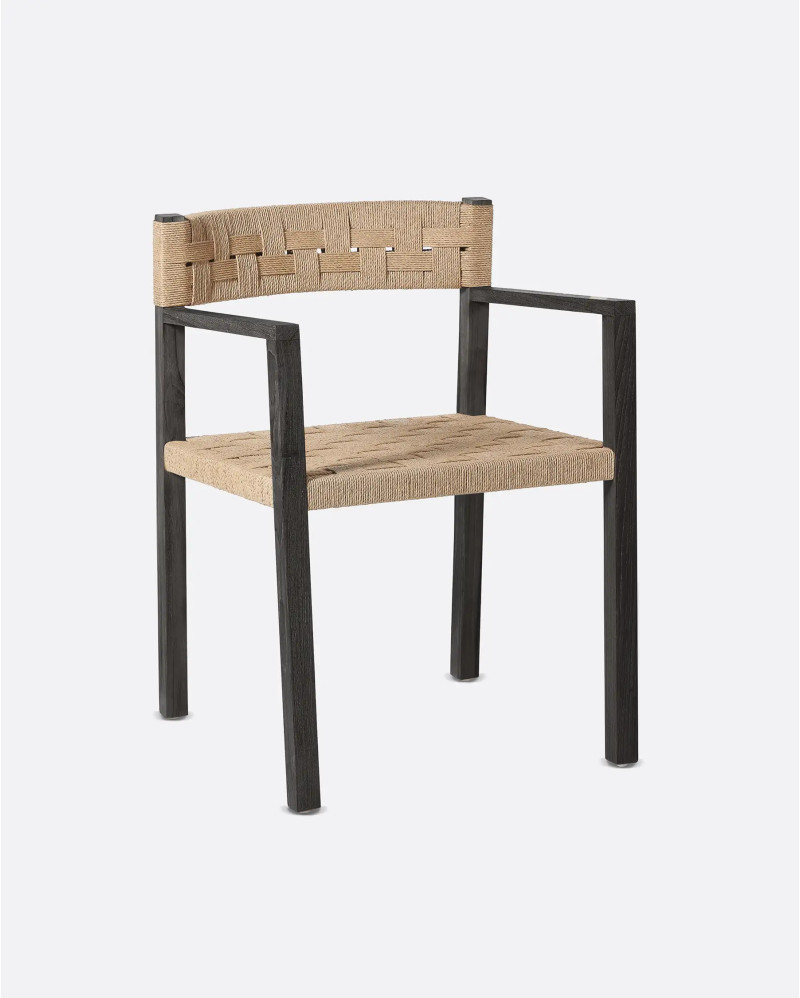 CORA armchair with armrests in teak wood and paper cord 52 x 56 x 77 cm in black and natural colour