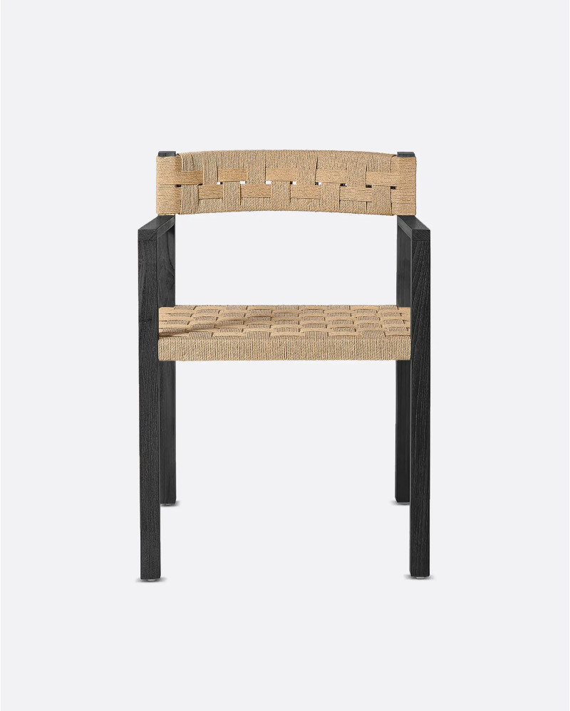 CORA armchair with armrests in teak wood and paper cord 52 x 56 x 77 cm in black and natural colour