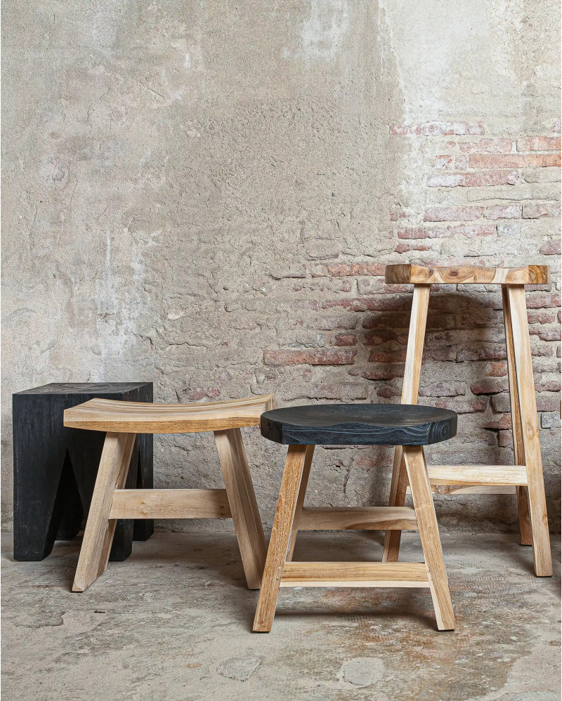 KING stool in recycled teak wood 44 x 38 x 45 cm in natural and black colour