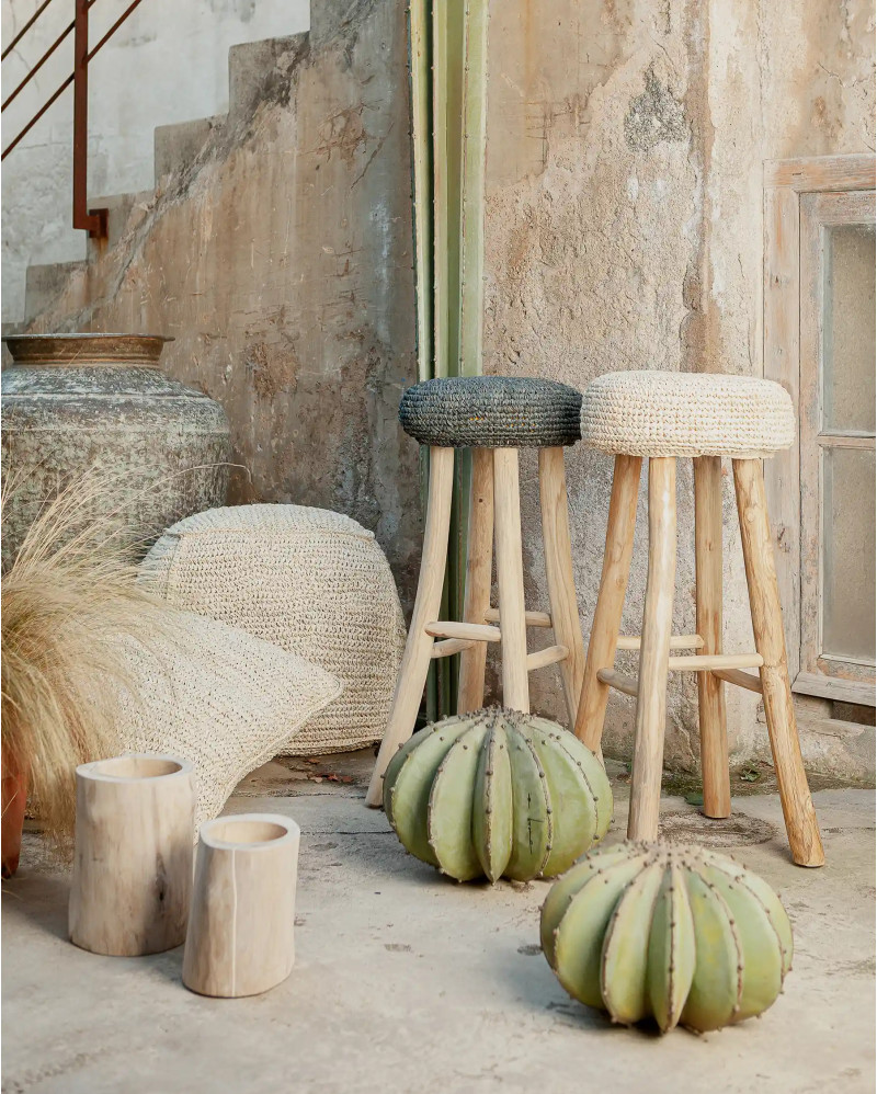 ALGA high stool in teak wood and seagrass 35 x 35 x 75 cm in natural colour