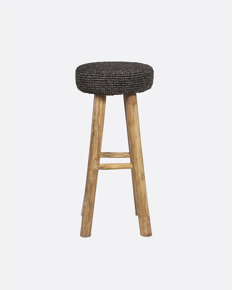 ALGA high stool in teak wood and seagrass 35 x 35 x 75 cm in black colour