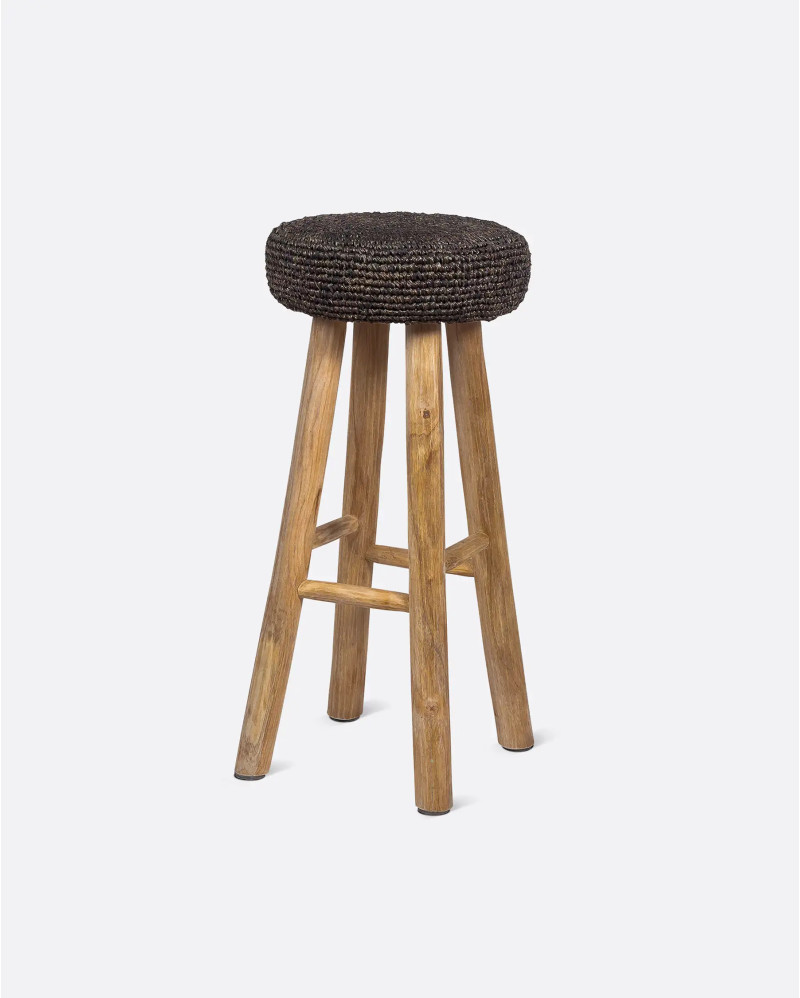 ALGA high stool in teak wood and seagrass 35 x 35 x 75 cm in black colour