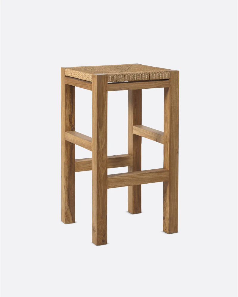 Tabouret haut KUMAI en bois de teck et corde de papier 40 x 40 x 75 cm