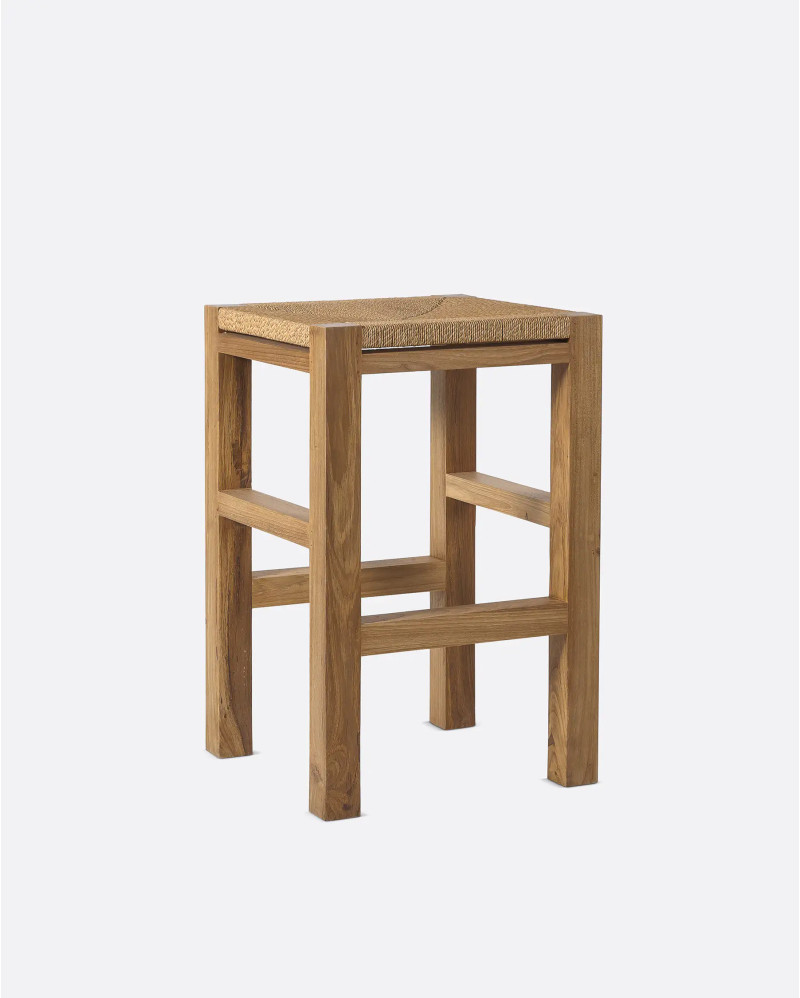 Tabouret haut KUMAI en bois de teck et corde de papier 40 x 40 x 61 cm