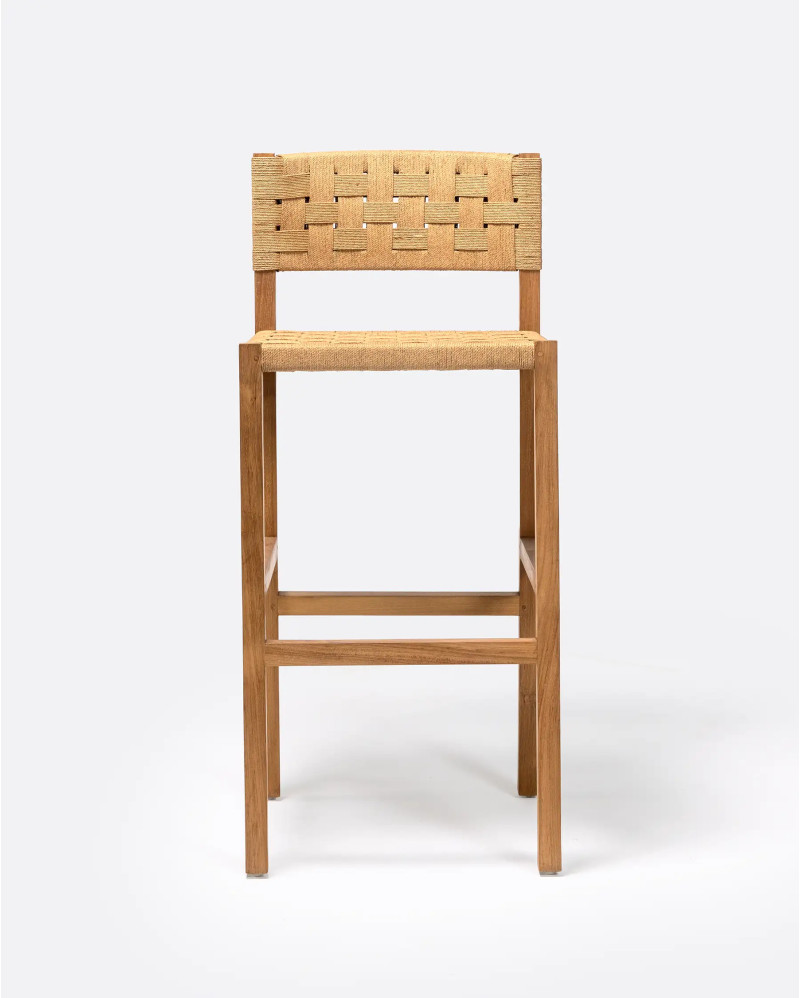 Tabouret haut CORA en bois de teck et corde de papier 48 x 51 x 110 cm