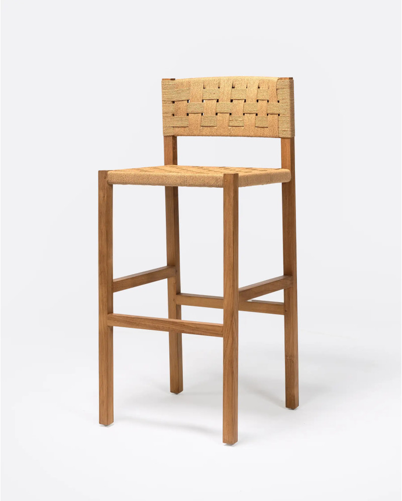 Tabouret haut CORA en bois de teck et corde de papier 48 x 51 x 110 cm