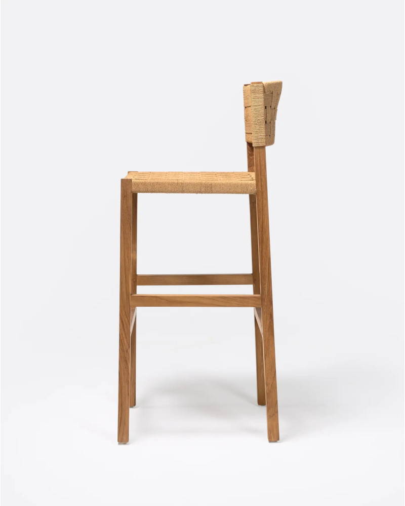 Tabouret haut CORA en bois de teck et corde de papier 48 x 51 x 110 cm