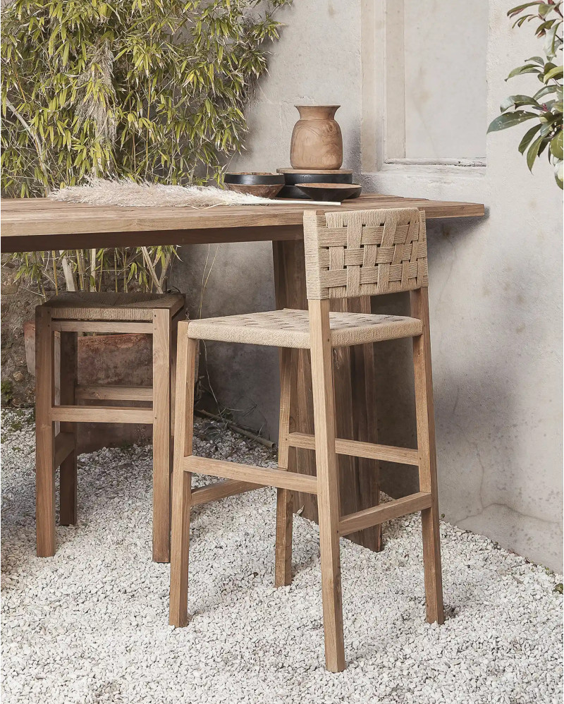 Tabouret haut CORA en bois de teck et corde de papier 48 x 51 x 110 cm