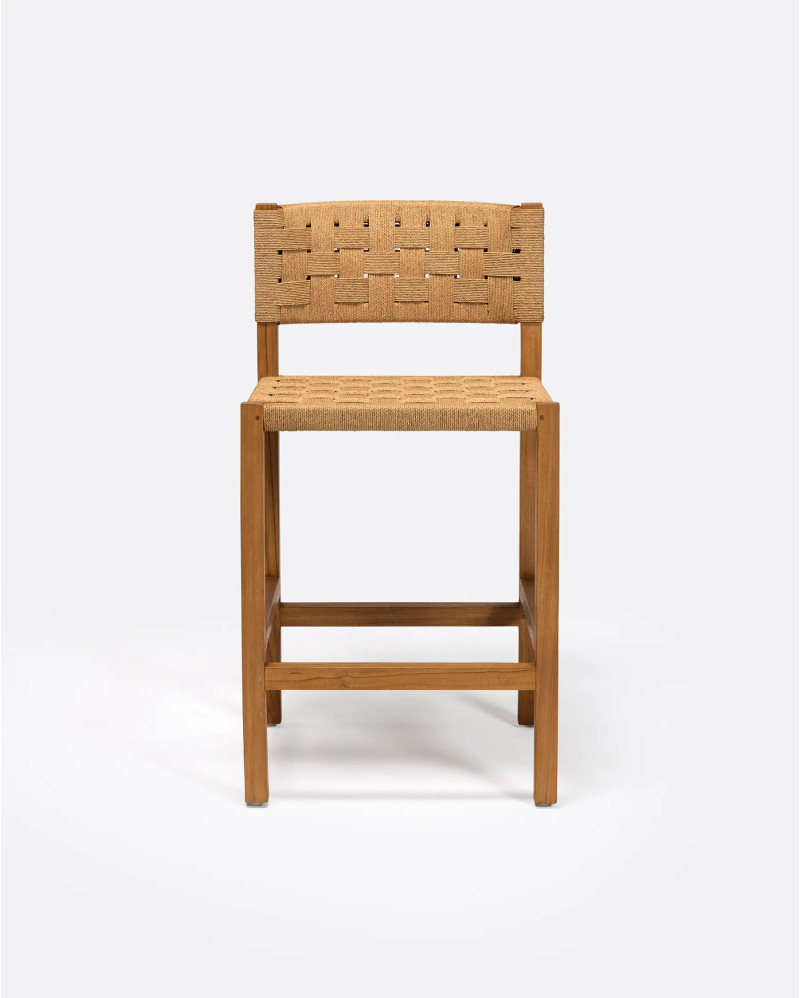 Tabouret haut CORA en bois de teck et corde de papier 48 x 51 x 90 cm