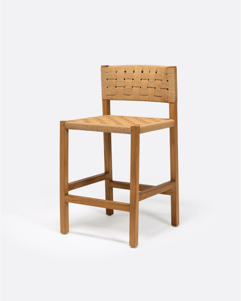 Tabouret haut CORA en bois de teck et corde de papier 48 x 51 x 90 cm