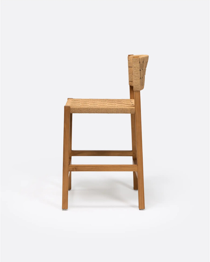 Tabouret haut CORA en bois de teck et corde de papier 48 x 51 x 90 cm