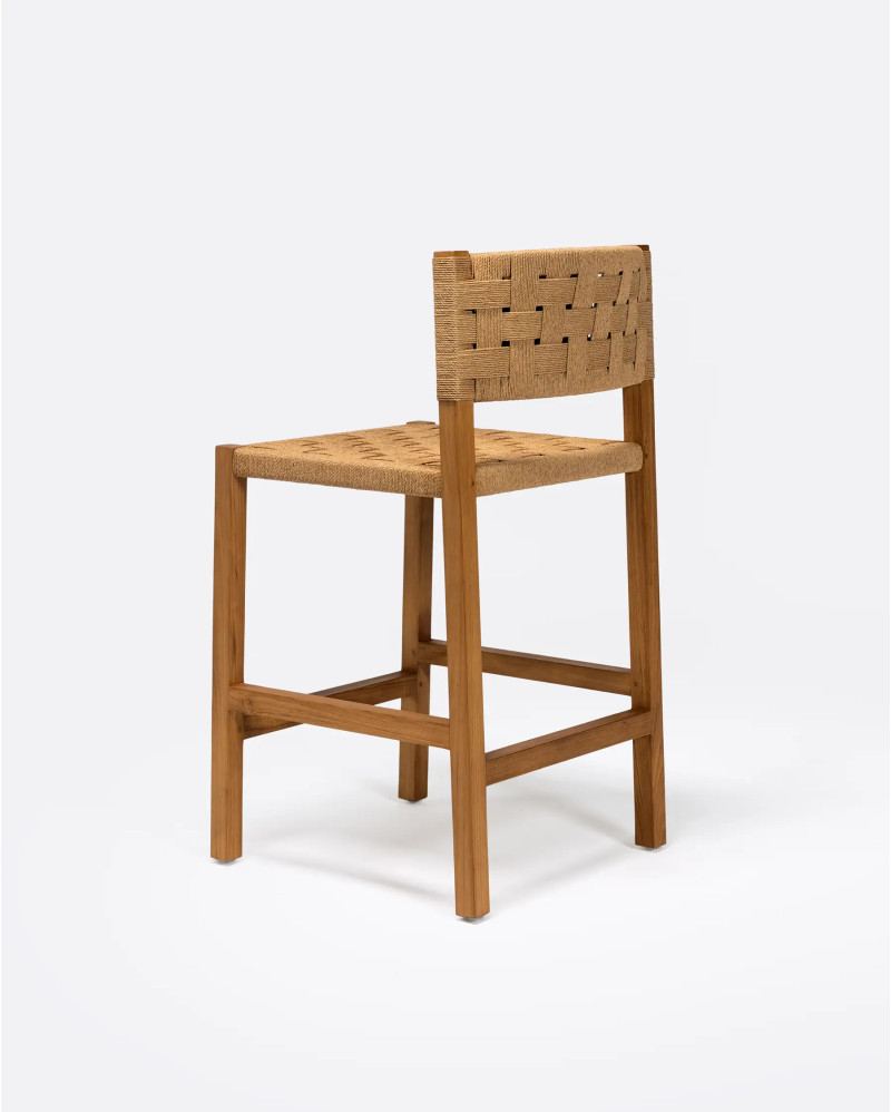 Tabouret haut CORA en bois de teck et corde de papier 48 x 51 x 90 cm