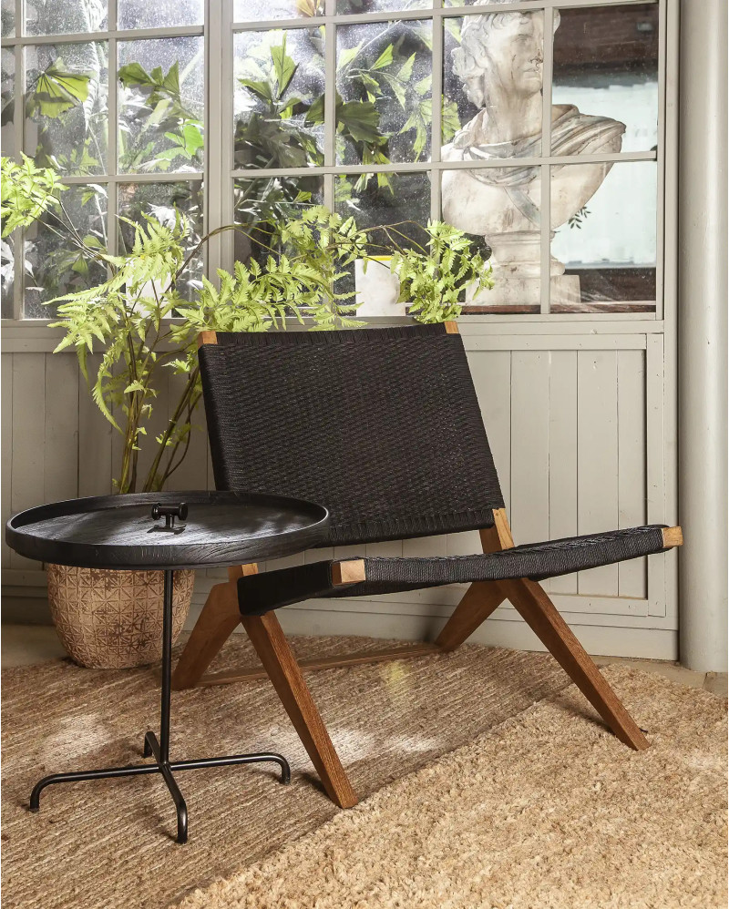 LAWIT lounge chair in recycled teak wood and paper cord 62 x 80 x 73 cm in black colour