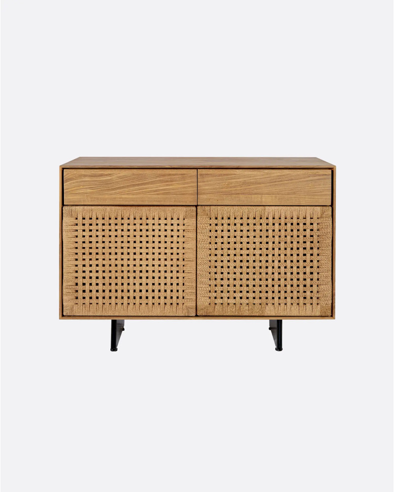 CORA sideboard in recycled teak wood and paper cord 110 x 45 x 82 cm with iron legs