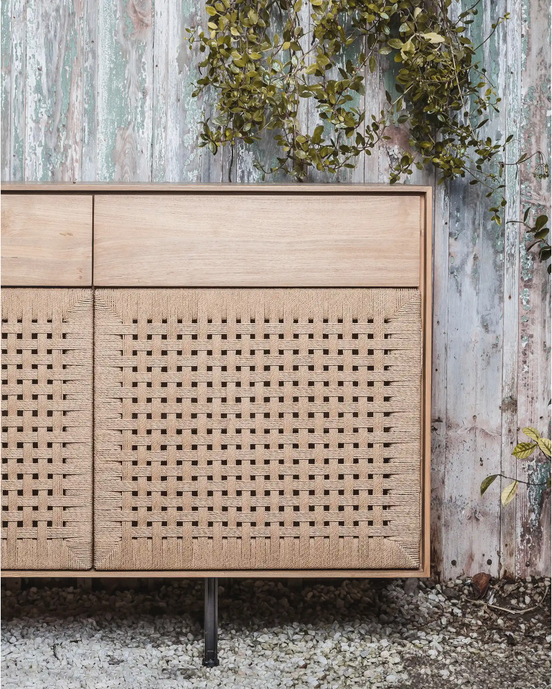 CORA sideboard in recycled teak wood and paper cord 110 x 45 x 82 cm with iron legs