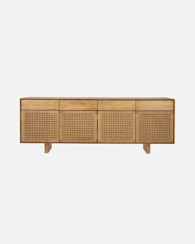 Buffet CORA en bois de teck recyclé et corde de papier 220 x 45 x 82 cm avec pieds en bois