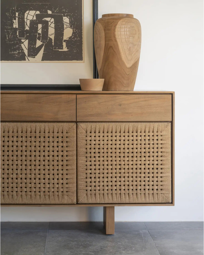 CORA sideboard in recycled teak wood and paper cord 220 x 45 x 82 cm with wooden legs