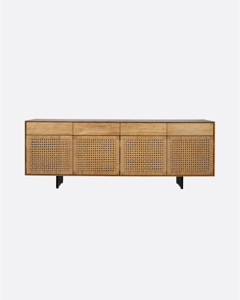 CORA sideboard in recycled teak wood and paper cord 220 x 45 x 82 cm with iron legs