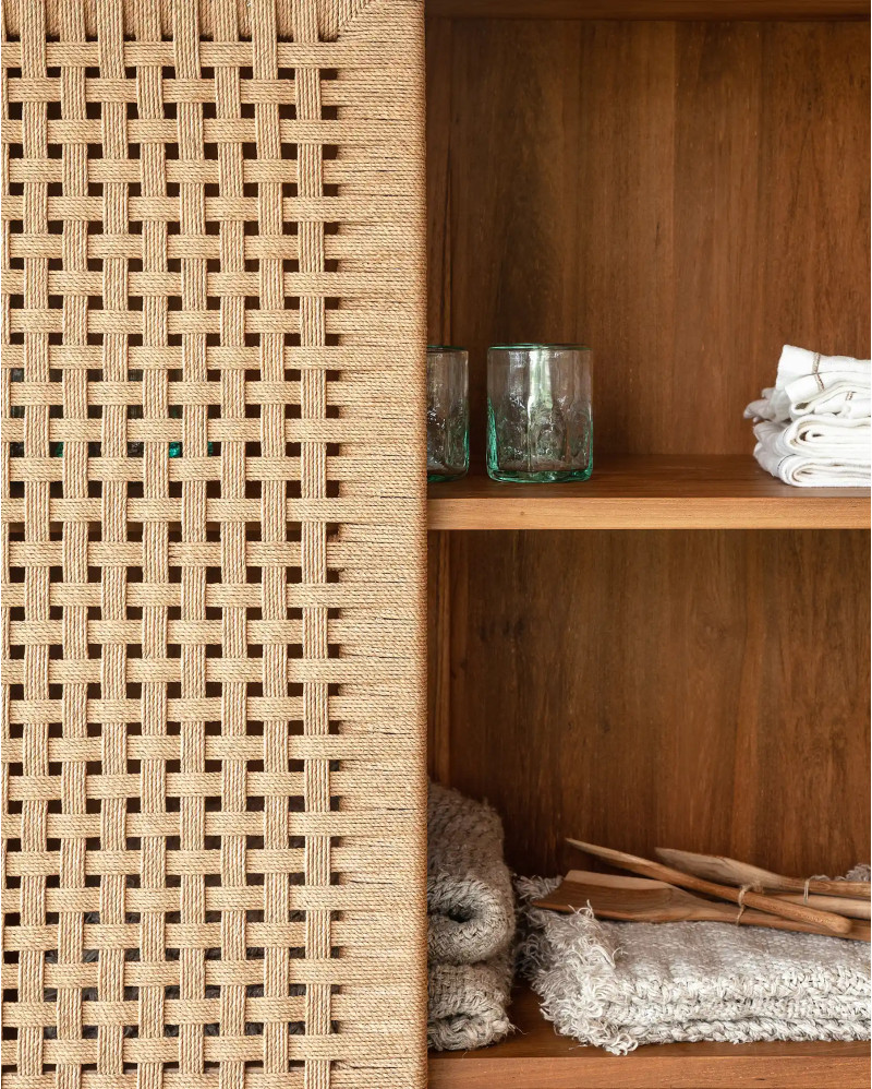 CORA cabinet in teak wood, iron and paper cord 100 x 45 x 176 cm