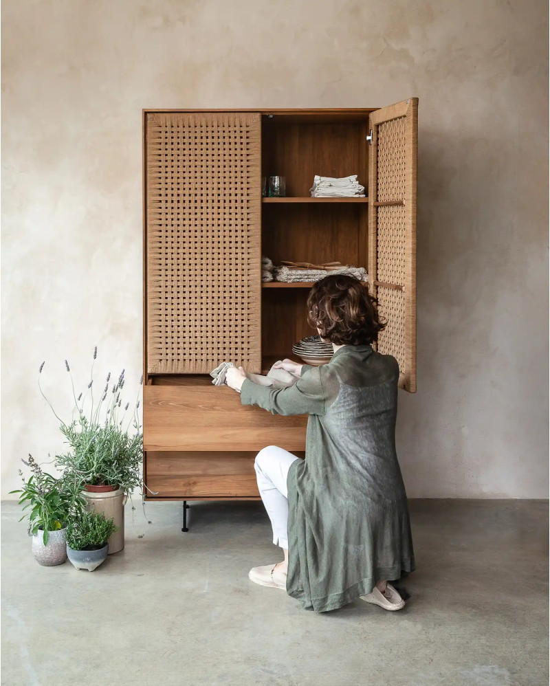 CORA cabinet in teak wood, iron and paper cord 100 x 45 x 176 cm