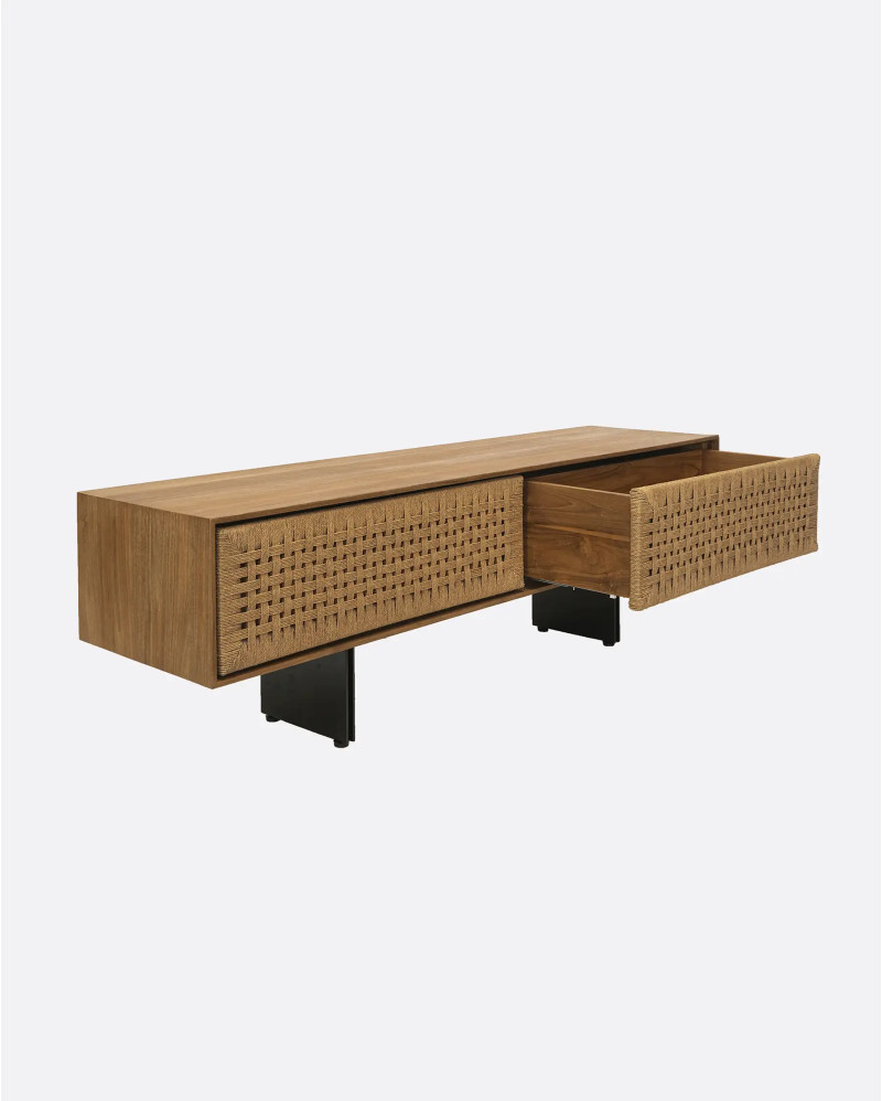 Mueble de TV CORA de madera de teca reciclada y cuerda de papel 160 x 40 x 49 cm