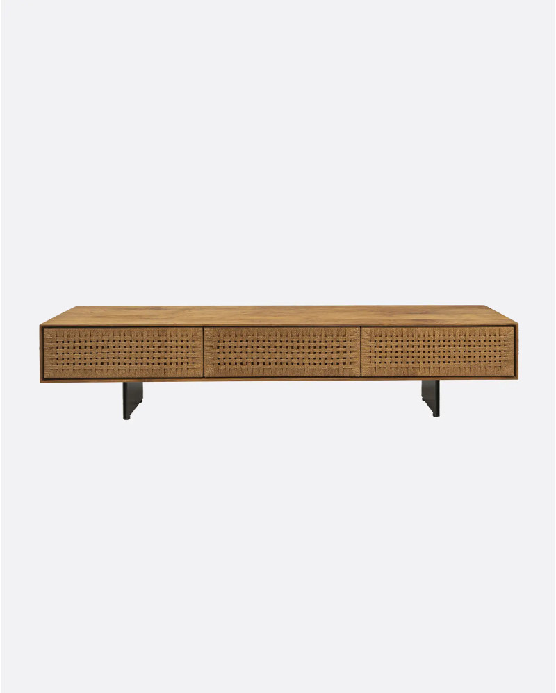 CORA TV stand in recycled teak wood and paper cord 220 x 40 x 49 cm