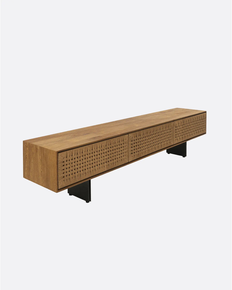 Mueble de TV CORA de madera de teca reciclada y cuerda de papel 220 x 40 x 49 cm