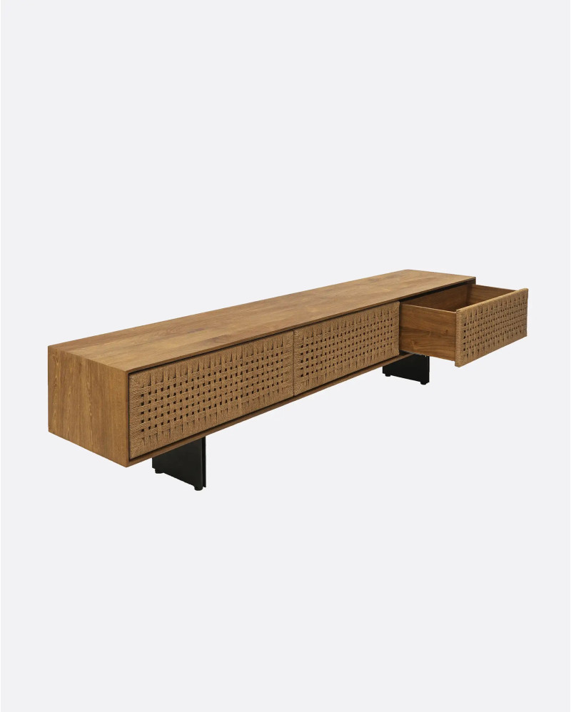 CORA TV stand in recycled teak wood and paper cord 220 x 40 x 49 cm