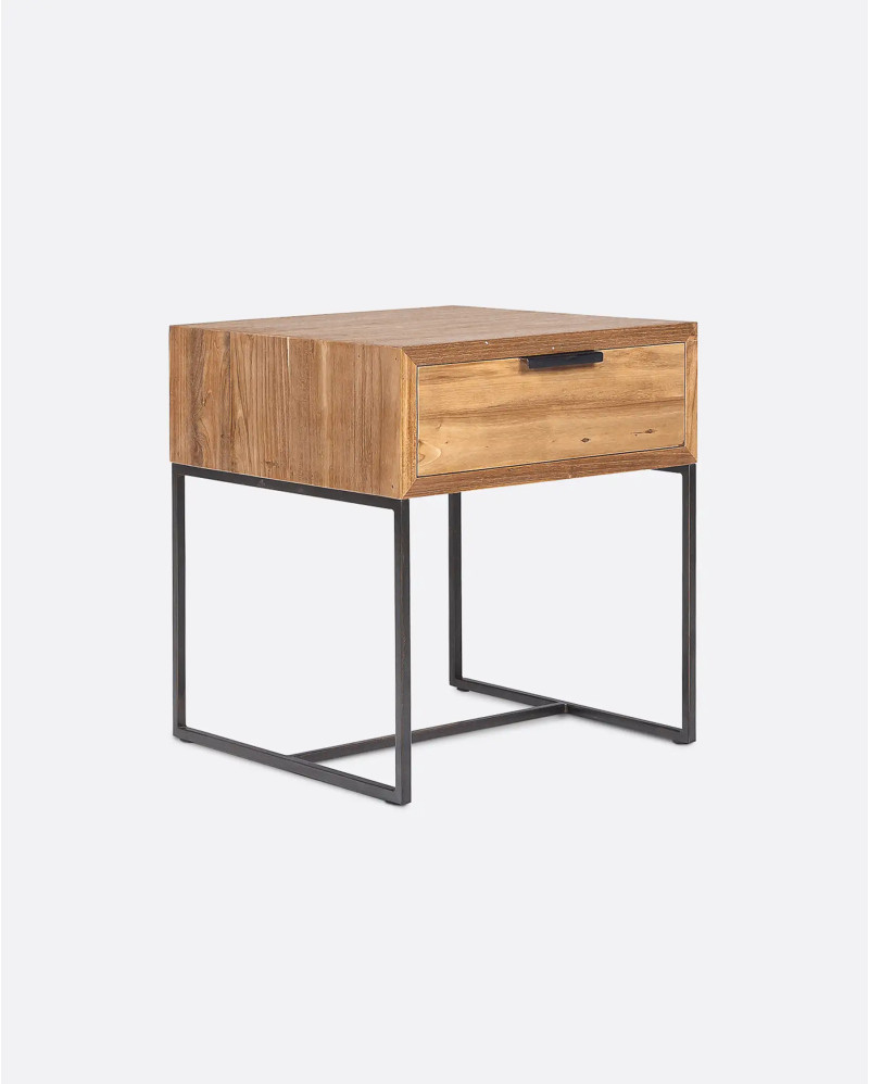 Table de chevet BANJAR en bois de teck recyclé et fer 40 x 40 x 45 cm