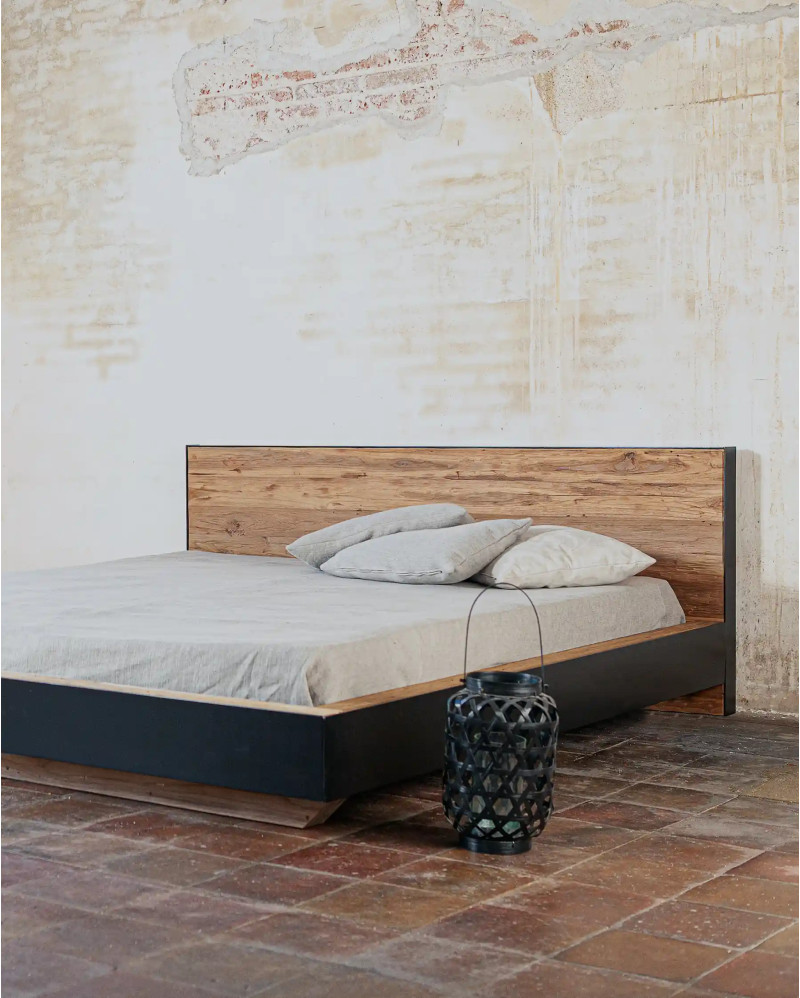 Cadre de lit GEOX en bois de teck recyclé et fer 180 x 223 x 80 cm pour matelas 160 x 200 cm