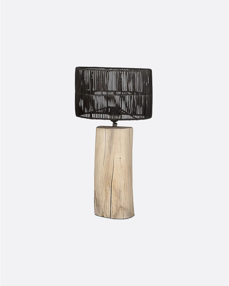 ENT table lamp in recycled teak wood and rattan lampshade in black colour 30 x 30 x 50 cm