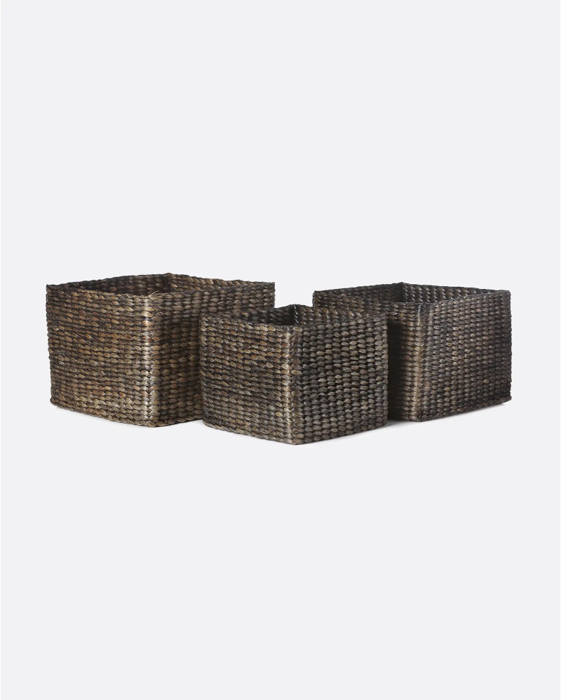 SQUARE basket made of water hyacinth in black colour. Set of 3 units