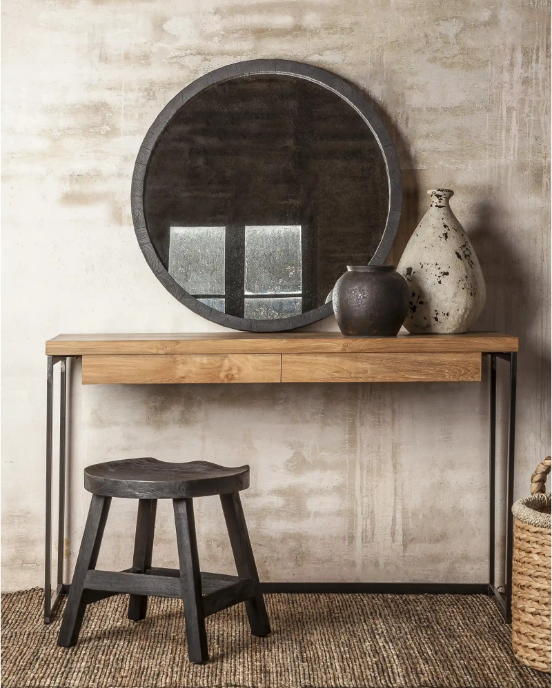 ESFERIC mirror in recycled teak wood Ø 80 cm x 5 cm thick in black colour