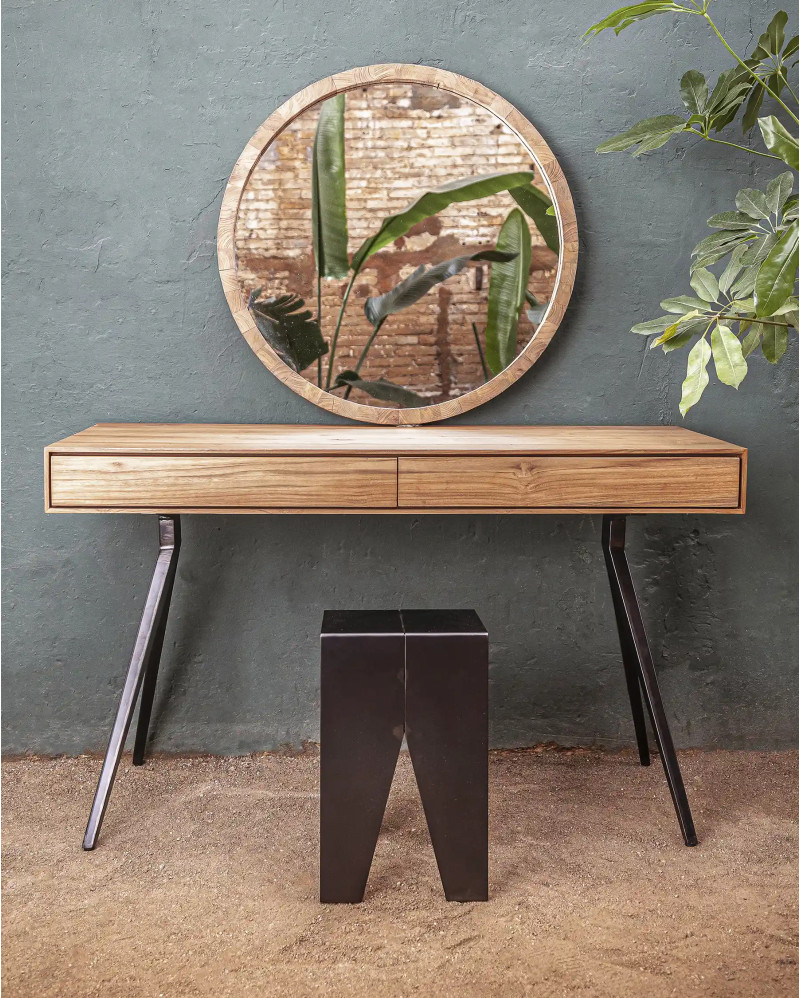 Miroir ESFERIC en bois de teck recyclé Ø 80 cm x 5 cm d'épaisseur en couleur naturelle