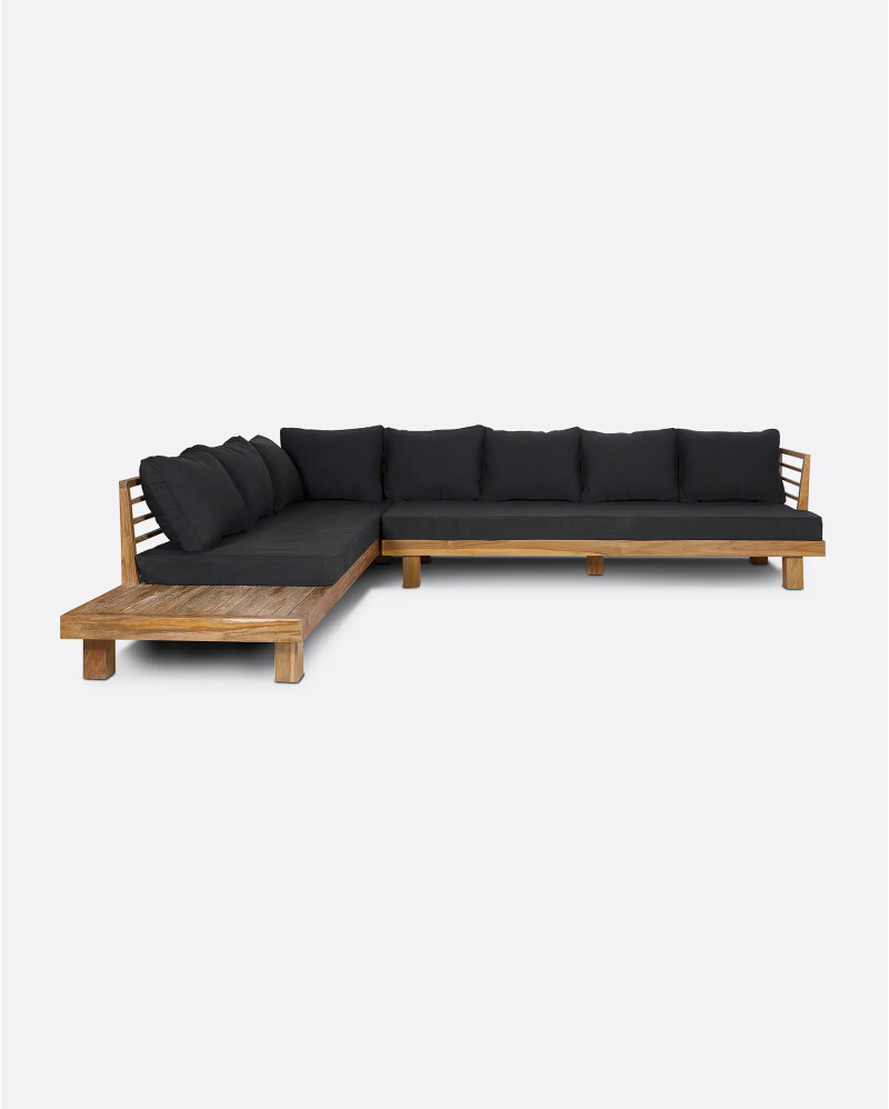 STRAUSS 4-seater corner left outdoor sofa in recycled teak wood and olefin 304 x 252 x 67 cm in black upholstery