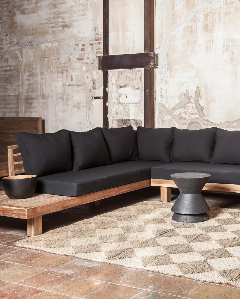 STRAUSS 4-seater corner left outdoor sofa in recycled teak wood and olefin 304 x 252 x 67 cm in black upholstery